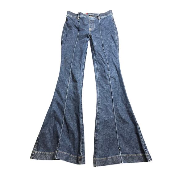 SPANX Jeans Womens XS Blue Pintuck Flare Raw Indigo Pull On Stretch Wide Leg - Picture 1 of 8